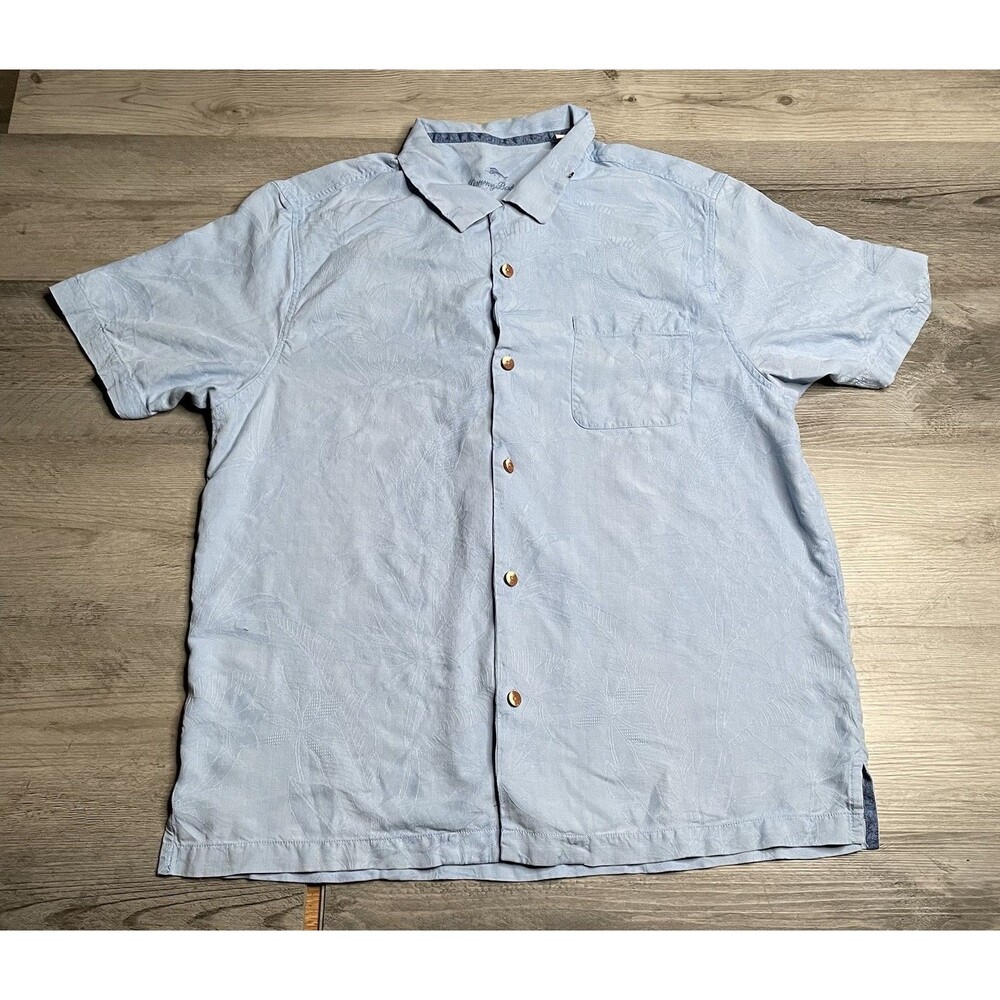 Tommy Bahama Shirt Mens XL Blue Tonal Floral Leaf Silk Camp Button Up